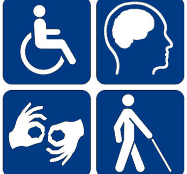 Accessibility symbols: wheelchair access, cognitive disability, sign language, visual impairment